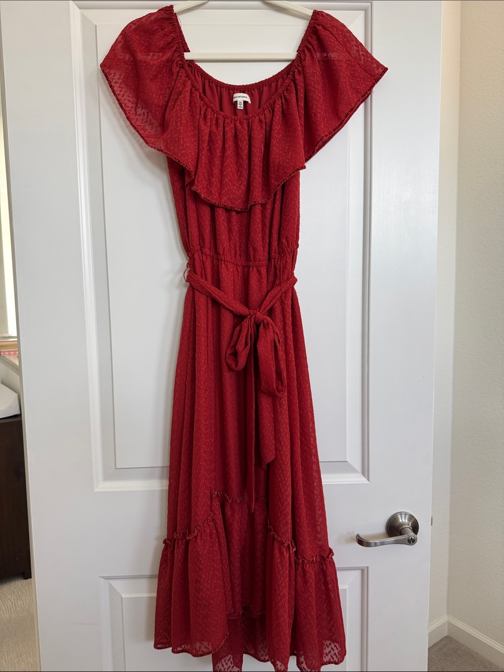 Max Studio Red Ruffled Maxi Dress with Waist Tie